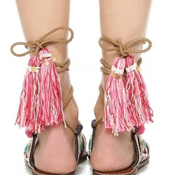 Sam Edelman Gretchen Boho Sandals 7M Embroidered Beaded Pom Pom Tassel Lace Up - Picture 5 of 16